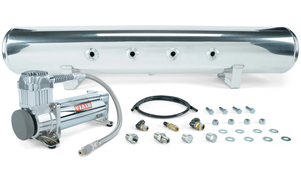 Air Lift Performance 5 Gal. Polished Tank w/ Viair 444c chrome compressor, 1/4" & 3/8" fittings & tank mounting hardware
