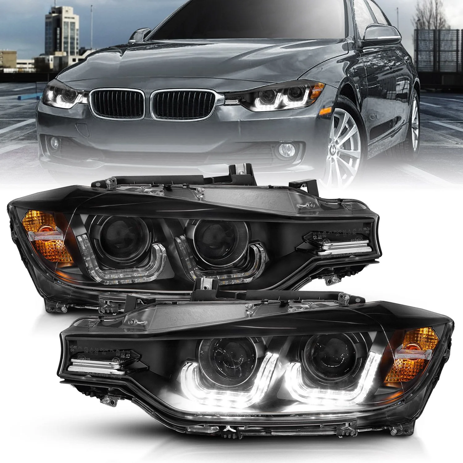 ANZO BMW F30 (2012-2015) 3-Series Projector Headlights w/ U-Bar Black - Image 2