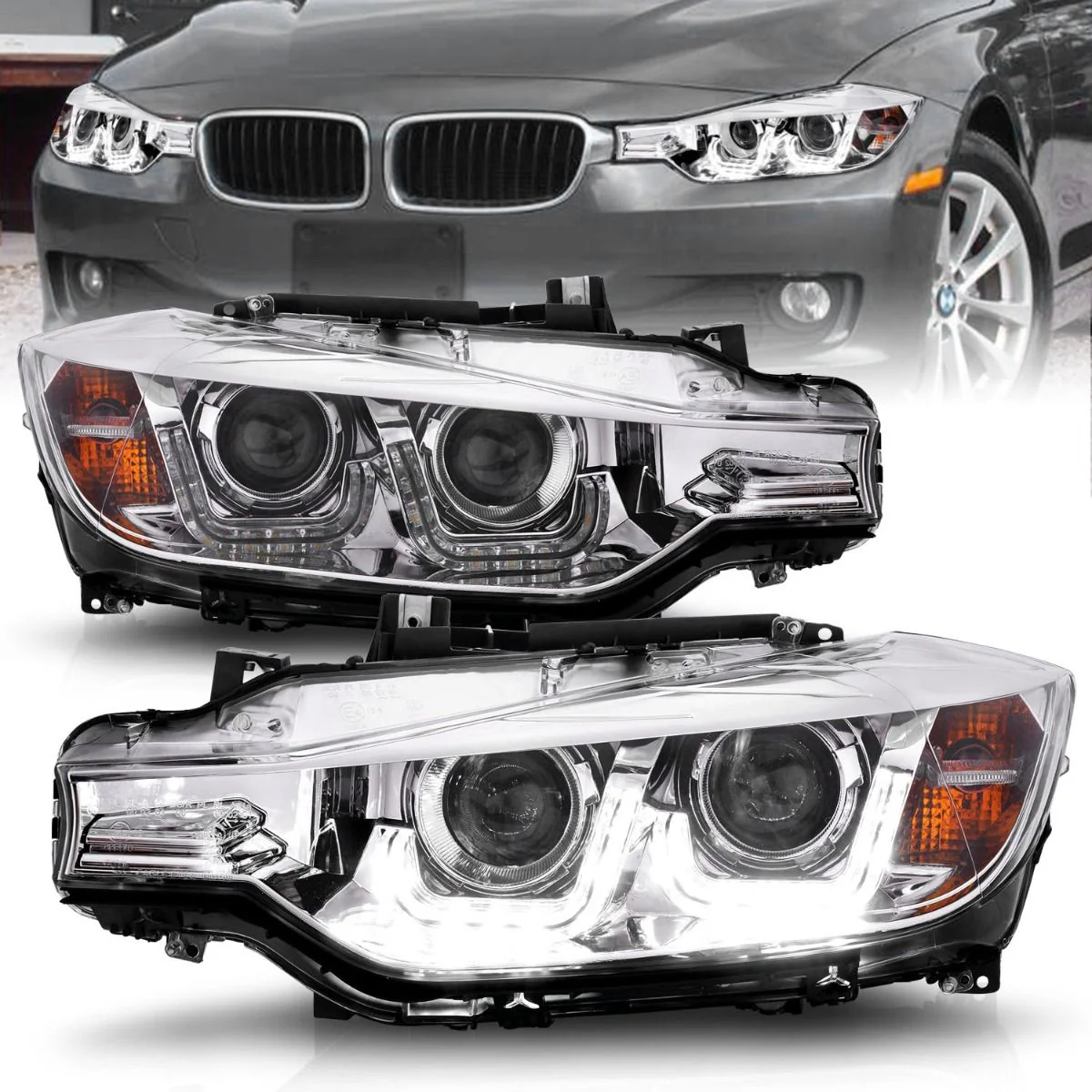 ANZO BMW F30 (2012-2015) 3-Series Projector Headlights w/ U-Bar Chrome - Image 2