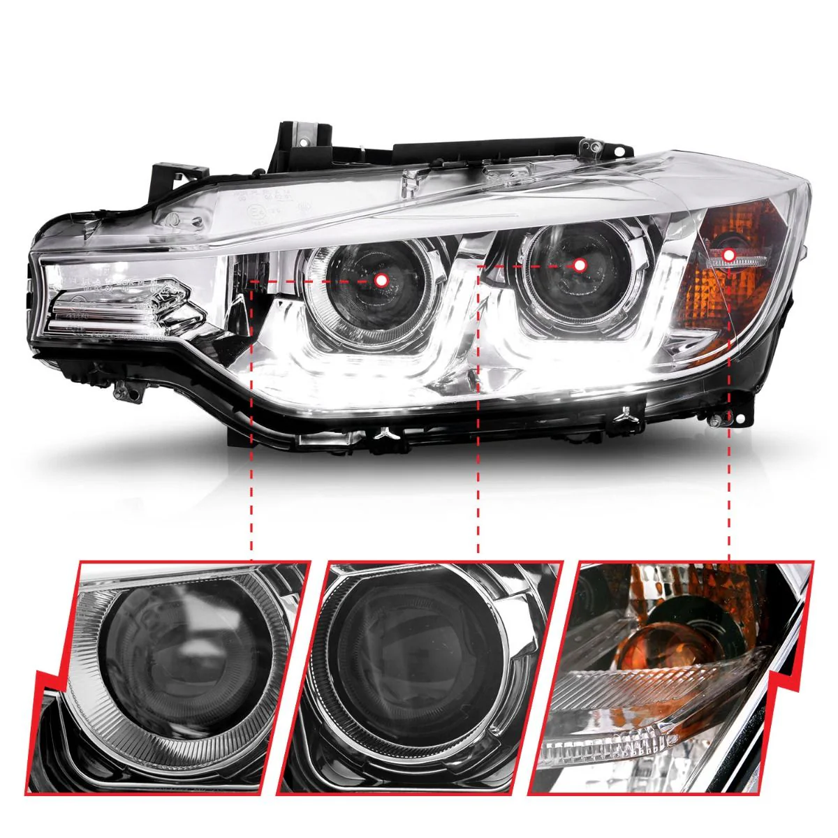 ANZO BMW F30 (2012-2015) 3-Series Projector Headlights w/ U-Bar Chrome - Image 3