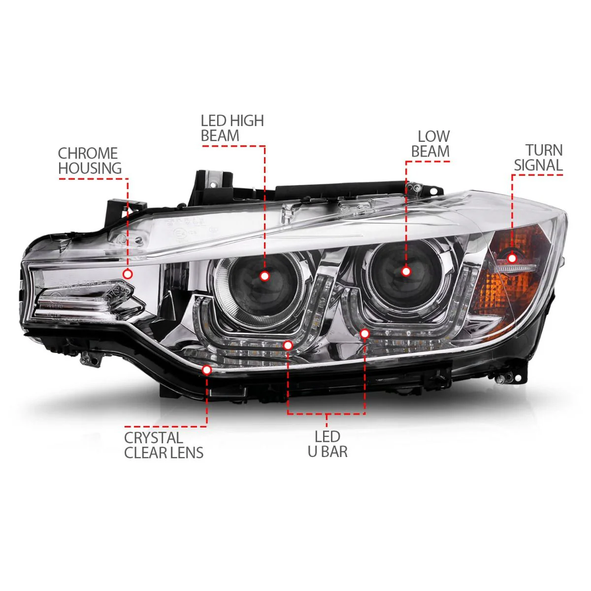 ANZO BMW F30 (2012-2015) 3-Series Projector Headlights w/ U-Bar Chrome - Image 4
