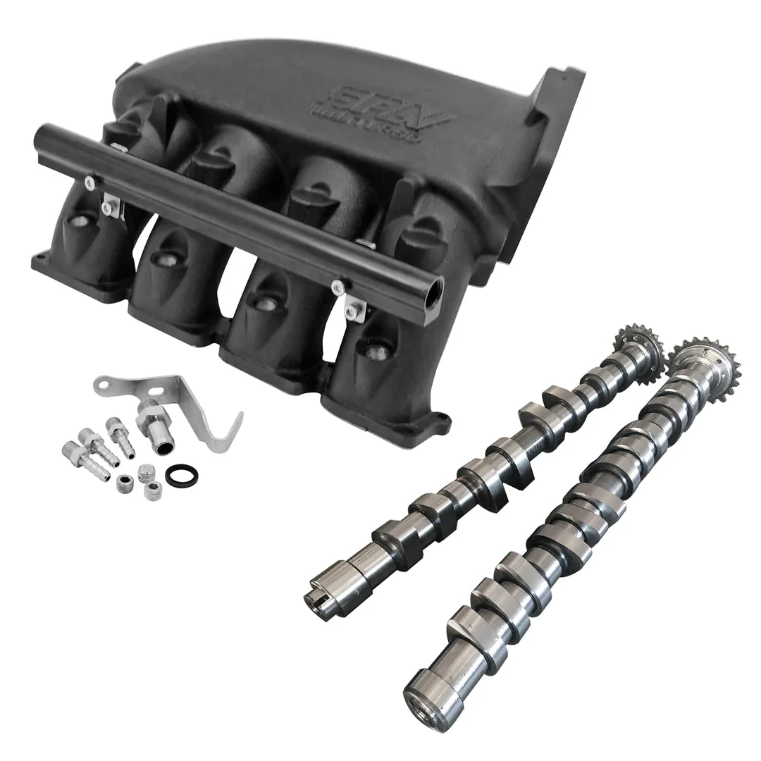 SPA TURBO CAST ALUMINUM INTAKE MANIFOLD FOR TRANSVERSE VW/AUDI 1.8T WITH 4 INJECTORS FUEL RAIL KIT (RIGHT SIDE OEM THROTTLE) - BLACK + 252 / 260 HIGH PERFORMANCE CAMSHAFT SET FOR VW/AUDI 1.8L 20V