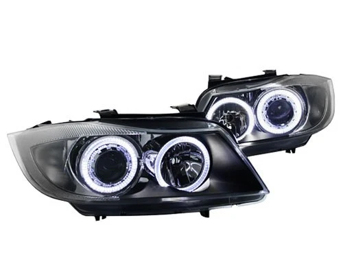 E90 2006-2008 LED Angel Eye Black Projector Headlights w/ Clear Reflector