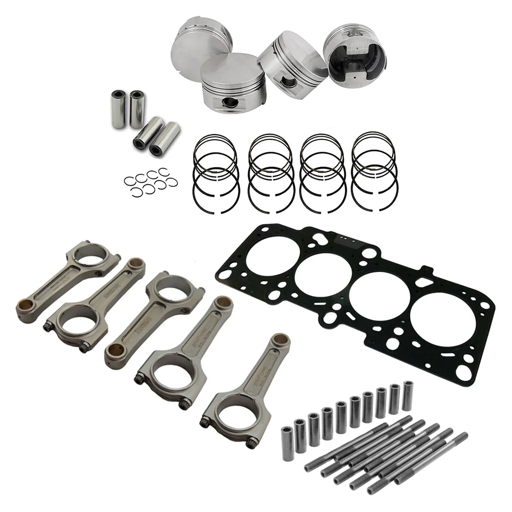 SPA TURBO Forged flat top piston and rings set 83.5mm VW 2.0L 8V + VW 144mm x 20mm Super A connecting rod set 3/8" bolt (1000hp) + Decompression Head Gasket Spacer - 0.9mm + Head stud set