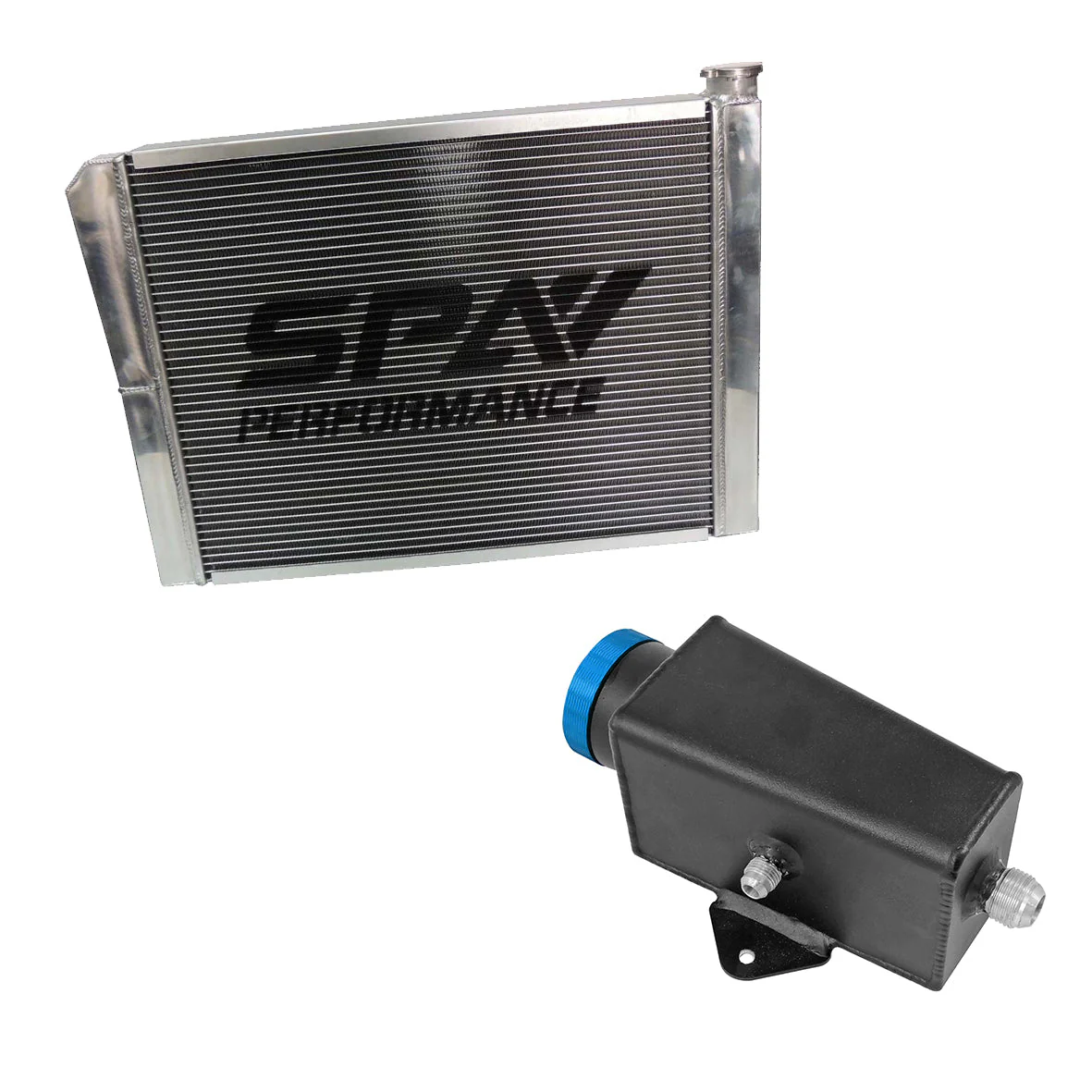SPA TURBO Lightweight Late Model Radiator - Double Pass - 26.8" x 19.6" + Power Steering Tank Firewall Mount (Right Inlet) - Blue Cap