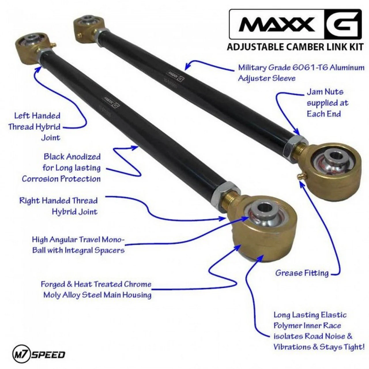 M7 Speed / MAXX-G Mini Cooper Adjustable Camber Links | Hybrid Polymer-MonoBall | 4 Link Kit - Image 3