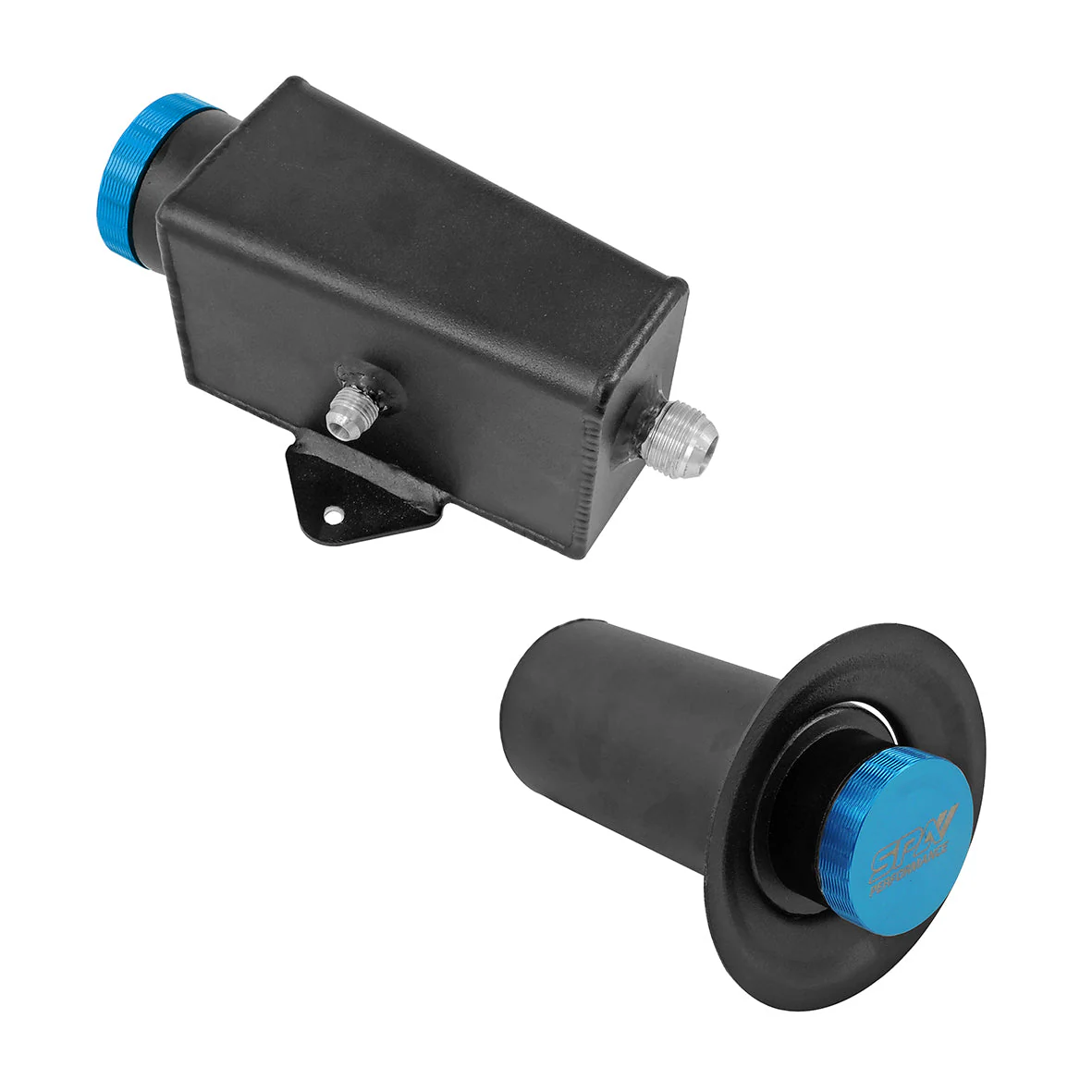 SPA TURBO Power Steering Tank Firewall Mount (Right Inlet) + Remote Fill Tank - Blue Cap